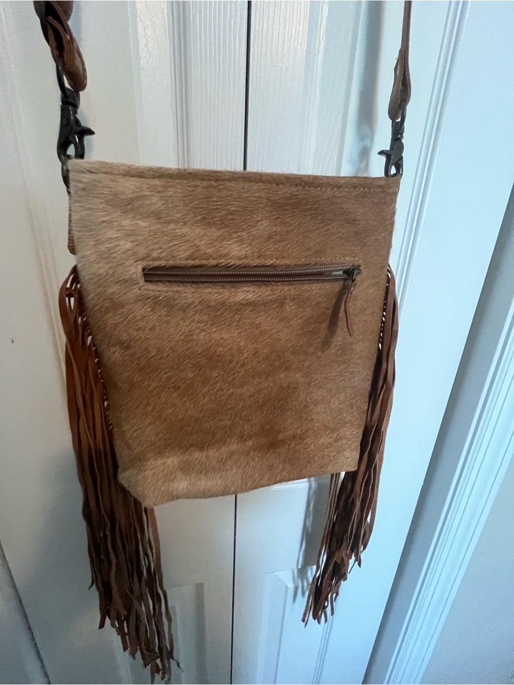 Myra Bag Brown Hair-on-Hide Crossbody with Tooled Leather Panel and Fringe - Picture 12 of 12